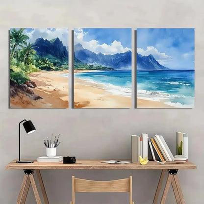 3pcs Hawaii Kauai Na Pali Watercolor Beach Metal Print Ready to Hang Art