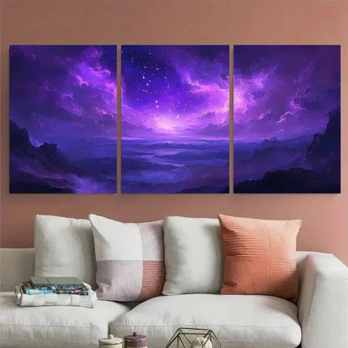 3pcs Elegant 'Starry Dreams' Abstract Purple Sky Wall Art Canvas Unframed - High Quality Print 100% Australian Made Wall Canvas - Bella Home Decor