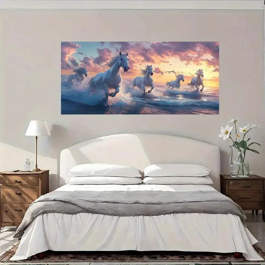 Galloping White Horses Sunset Wall Art Canvas Office Home Room Framed 120x60cm