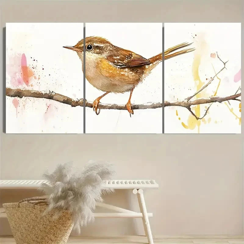 3pcs Wren Cute Bird Art Wall Art Set Canvas Framed 40x60cm - High Quality Print 100% Australian Made Wall Canvas Ready to Hang - Bella Home Decor