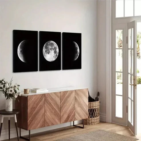 3pcs Full and Half Moon Black & White Wall Art Set Canvas Unframed - High Quality Print 100% Australian Made Wall Canvas - Bella Home Decor