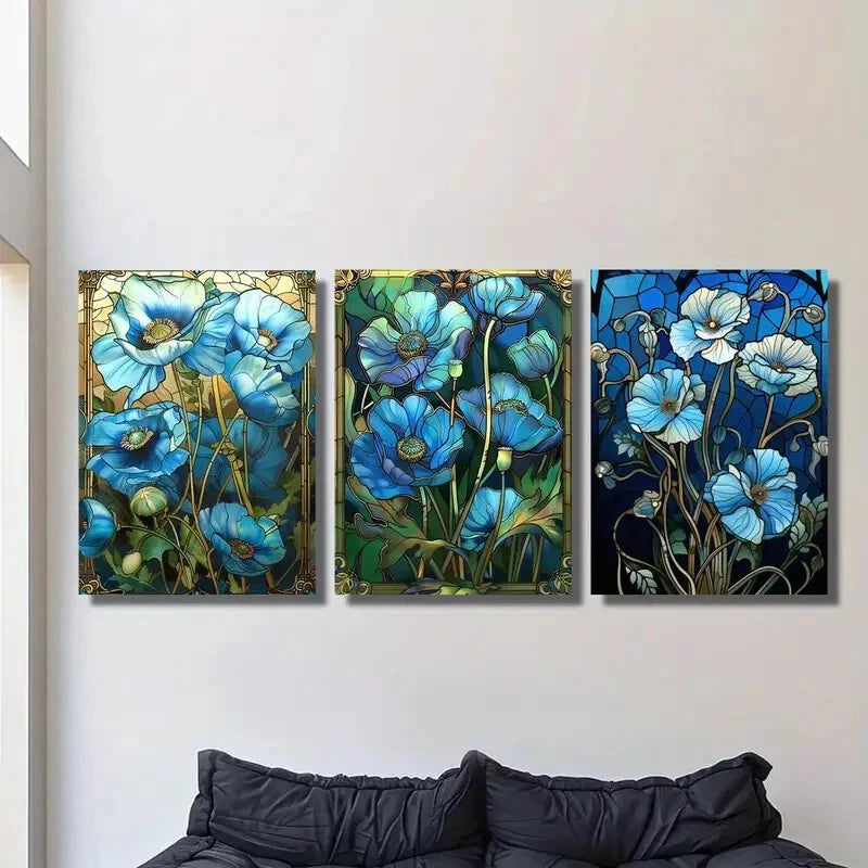 3pcs Featuring Floral Designs, Stained Glass Metal Print Ready to Hang Art
