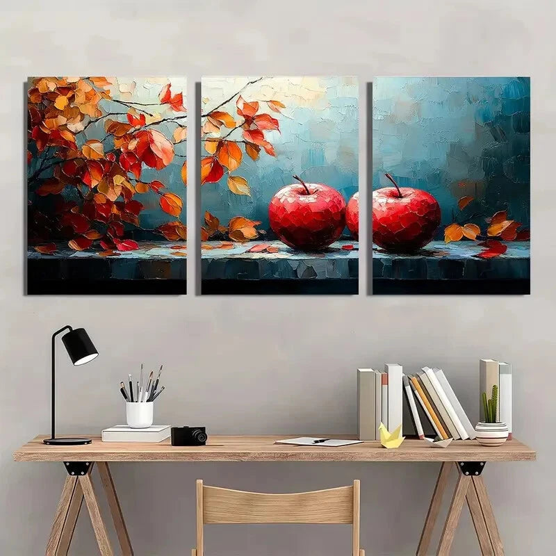 3pcs Vibrant Autumn Apple Orange Leaves on Blue Metal Print Ready to Hang Art - Bella Home Decor