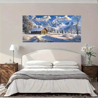 Snow Winter House Scene Wall Art Canvas Office Home Room Framed 120x60cm