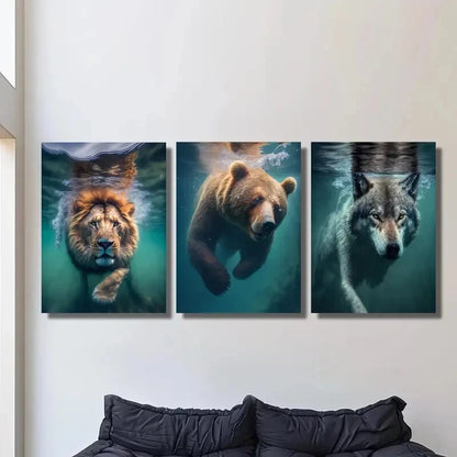 3pcs Beasts underwater, Lions, bears and wolves, Metal Print Ready to Hang Art - Bella Home Decor