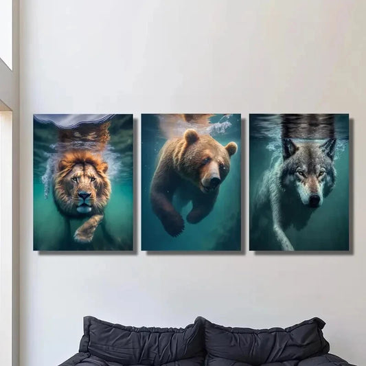 3pcs Beasts underwater, Lions, bears and wolves, Metal Print Ready to Hang Art - Bella Home Decor