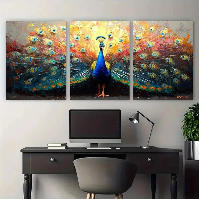 3pcs Enchanting Peacock Bird Impasto Design Wall Art Set Canvas Framed 40x60cm - High Quality Print 100% Australian Made Wall Canvas Ready to Hang - Bella Home Decor