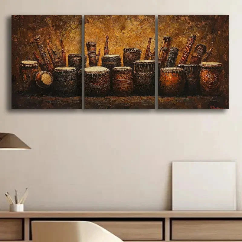 3pcs African Festival Melodic Instruments Metal Print Ready to Hang Art
