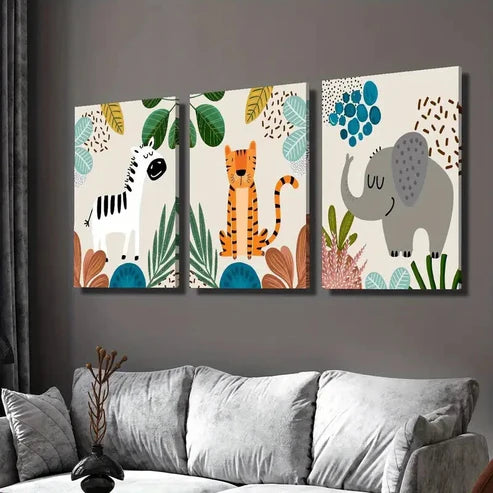 3pcs Zebra and lion elephant, watercolor style Wall Art Set Canvas Unframed - High Quality Print 100% Australian Made Wall Canvas