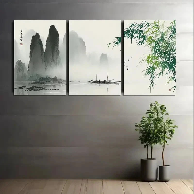 3pcs Chinese Ink Painting with Bamboo Leaves Metal Print Ready to Hang Art - Bella Home Decor