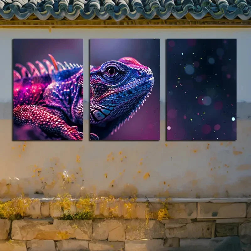 3pcs Vibrant Chameleon Illustration Metal Print Ready to Hang Art - Bella Home Decor