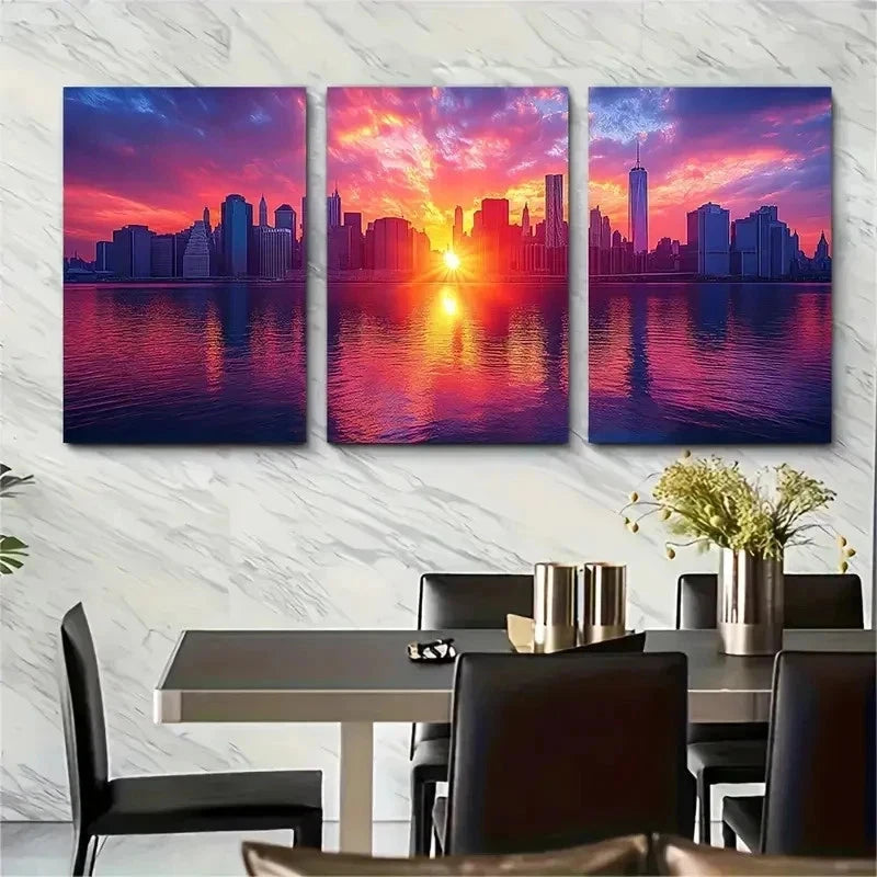 3pcs Sunset New York City Skyline Perfect Wall Art Set Canvas Framed 50x70cm - High Quality Print 100% Australian Made Wall Canvas Ready to Hang