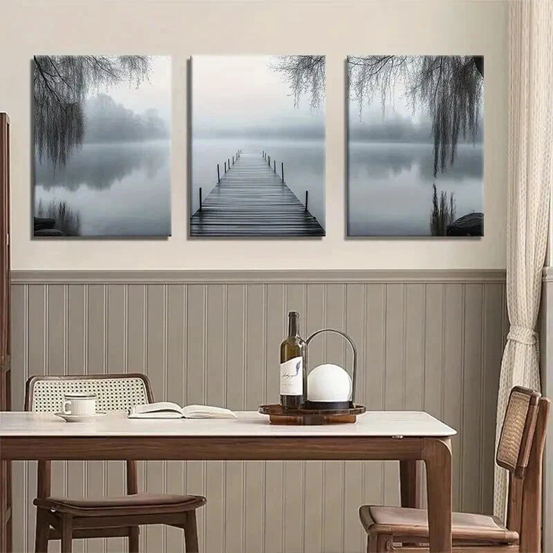 3pcs Misty Lake Dock Serene Water Willow Perfect Wall Art Set Canvas Framed 40x60cm - High Quality Print 100% Australian Made Wall Canvas Ready to Hang - Bella Home Decor