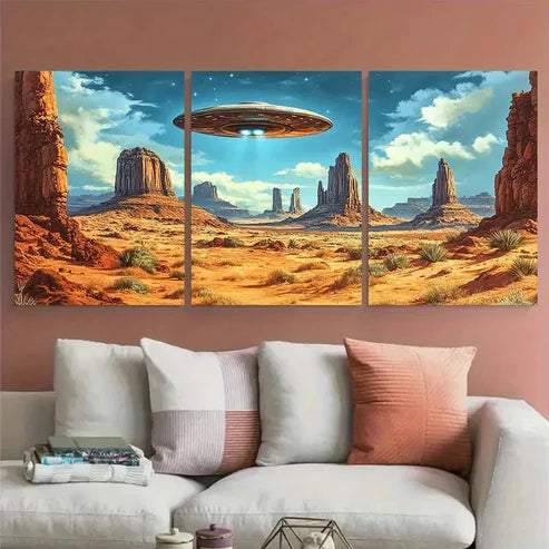 3pcs Vintage UFO Retro Mid-Century Sci-Fi Scene Wall Art Canvas Unframed - High Quality Print 100% Australian Made Wall Canvas