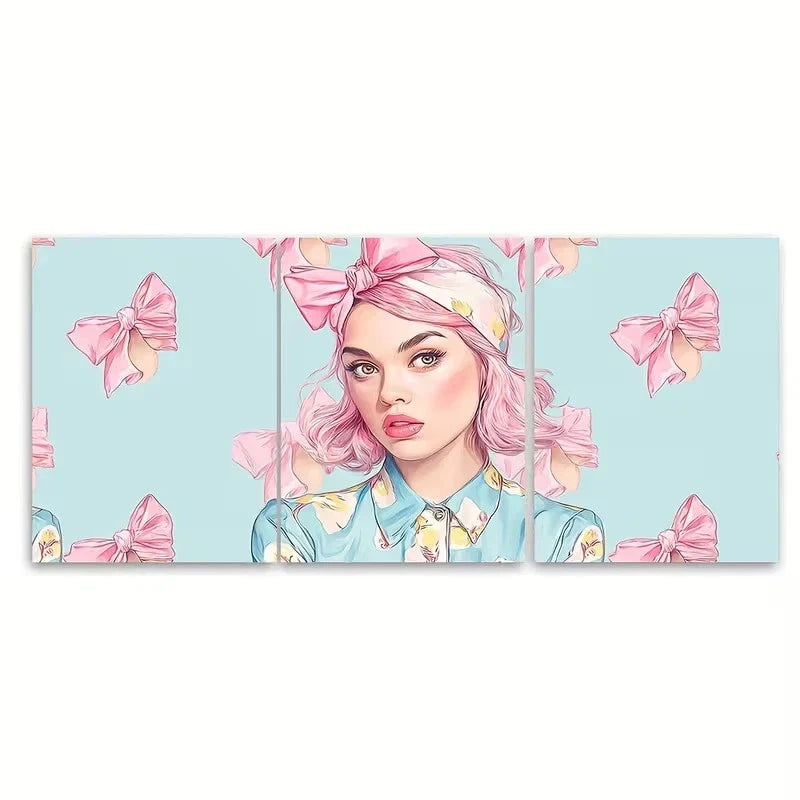 3pcs Girl with Pink Hair Bow Wall Art Set Canvas Framed 50x70cm – High Quality Print 100% Australian Made Wall Canvas Ready to Hang - Bella Home Decor
