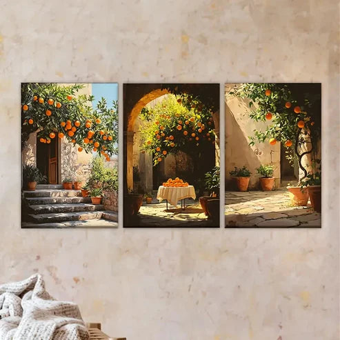 3pcs Orange Tree in a Courtyard Wall Art Set Canvas Unframed - High Quality Print 100% Australian Made Wall Canvas - Bella Home Decor