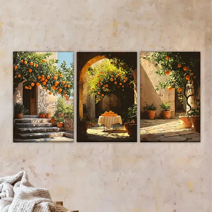 3pcs Orange Tree in a Courtyard Wall Art Set Canvas Unframed - High Quality Print 100% Australian Made Wall Canvas - Bella Home Decor