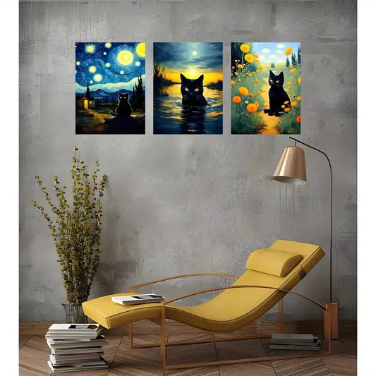 3pcs Cat Murals, Retro Gallery Metal Print Ready to Hang Art