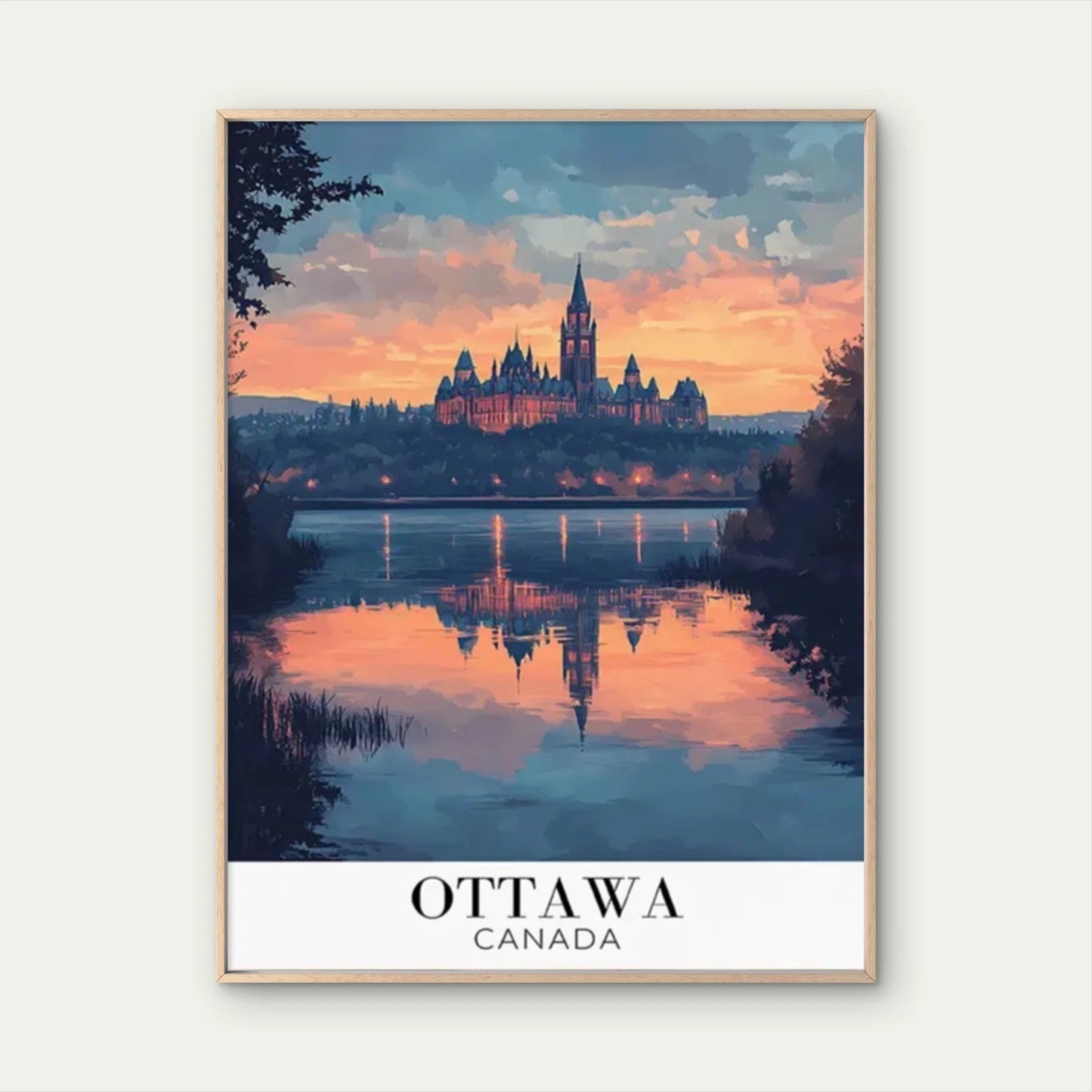 Ottawa Canada Castle Sunset Reflection Vintage Travel Poster Print Wall Art - Bella Home Decor