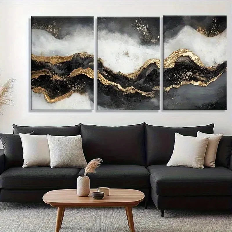 3pcs Abstract Golden and Black Wave Flowing Design Metal Print Ready to Hang Art - Bella Home Decor