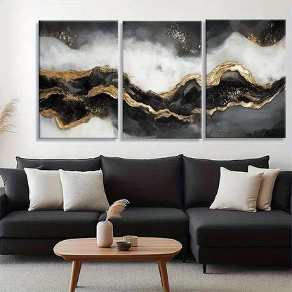 3pcs Abstract Golden and Black Wave Flowing Design Metal Print Ready to Hang Art - Bella Home Decor