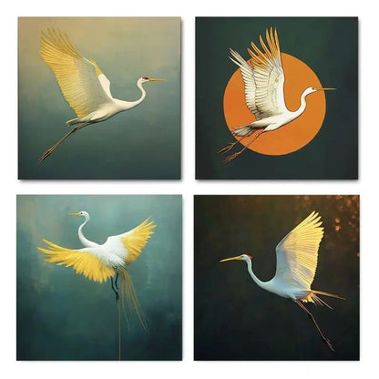 4pcs Elegant Crane Art Theme Wall Art Canvas Framed