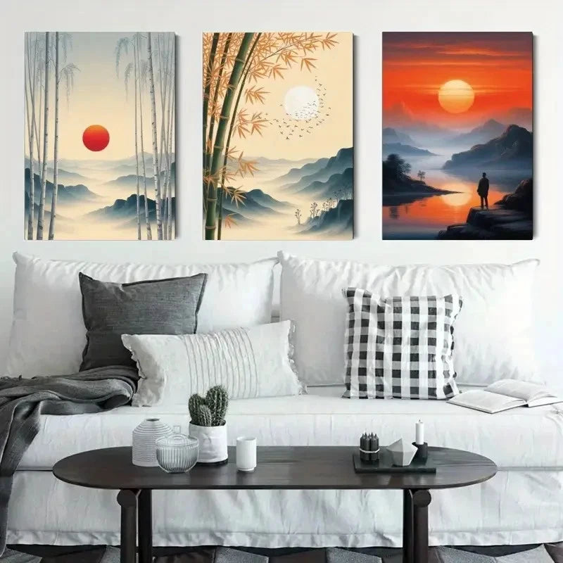 pcs Bamboo, Red Sun, Mountains & Water   Wall Art Set Canvas Framed 50x70cm - High Quality Print 100% Australian Made Wall Canvas Ready to Hang - Bella Home Decor