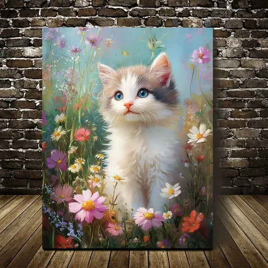 Cute Ragdoll Kitten Among Flowers And Plants Painting 40x60cm Metal Print Ready to Hang