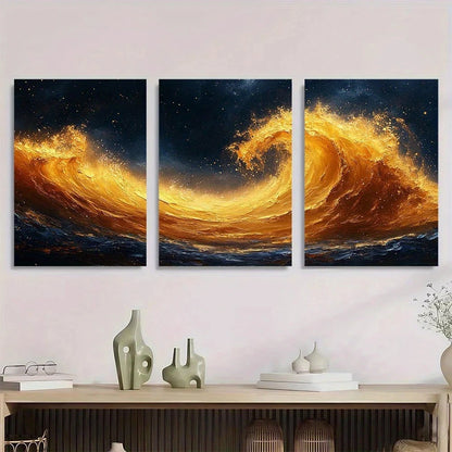 3pcs Modern Abstract Golden Swirl Theme Metal Print Ready to Hang Art - Bella Home Decor