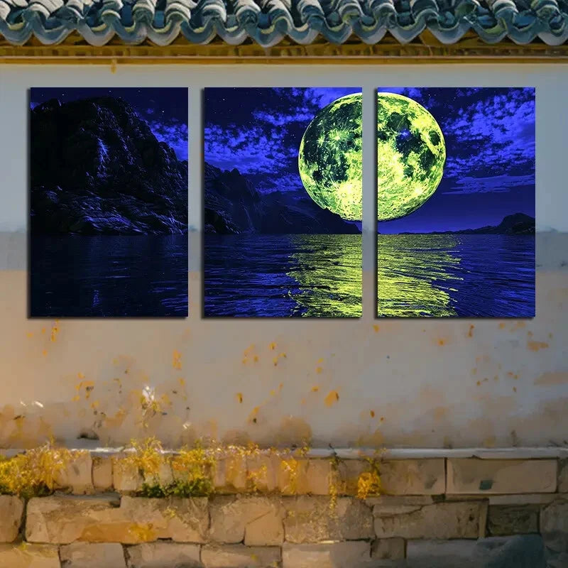 3pcs Full Moon at night Illustration Metal Print Ready to Hang Art - Bella Home Decor