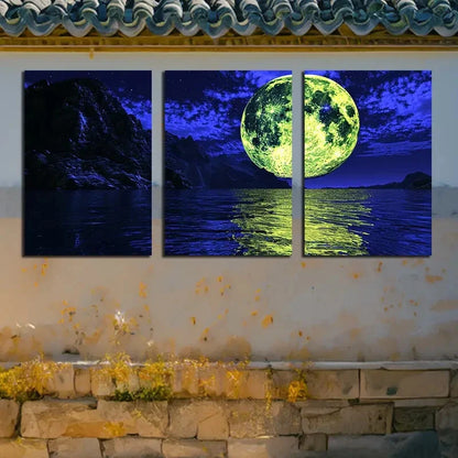 3pcs Full Moon at night Illustration Metal Print Ready to Hang Art - Bella Home Decor