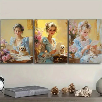 3pcs Afternoon Time Girl with Dog Wall Art Set Canvas Unframed - High Quality Print 100% Australian Made Wall Canvas - Bella Home Decor
