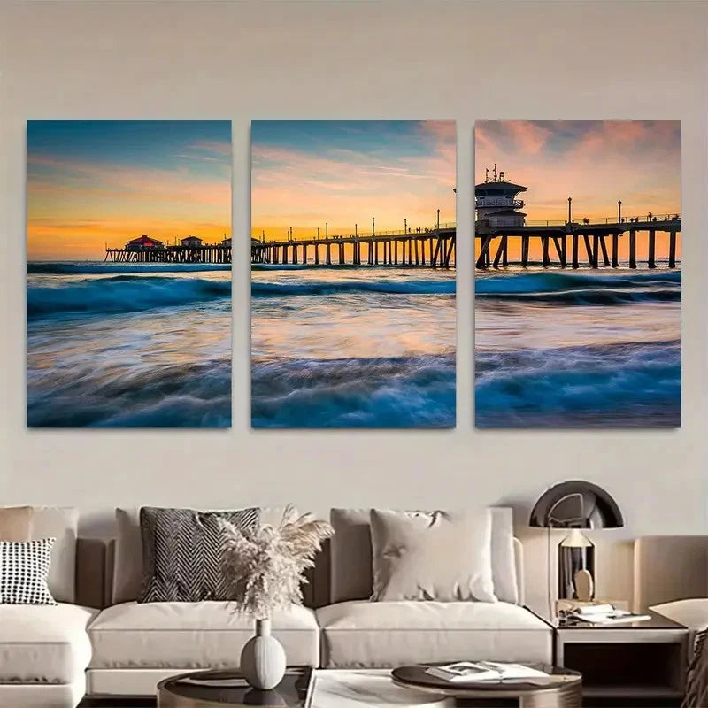 3pcs Vibrant Sunset & Ocean Waves Scene Metal Print Ready to Hang Art