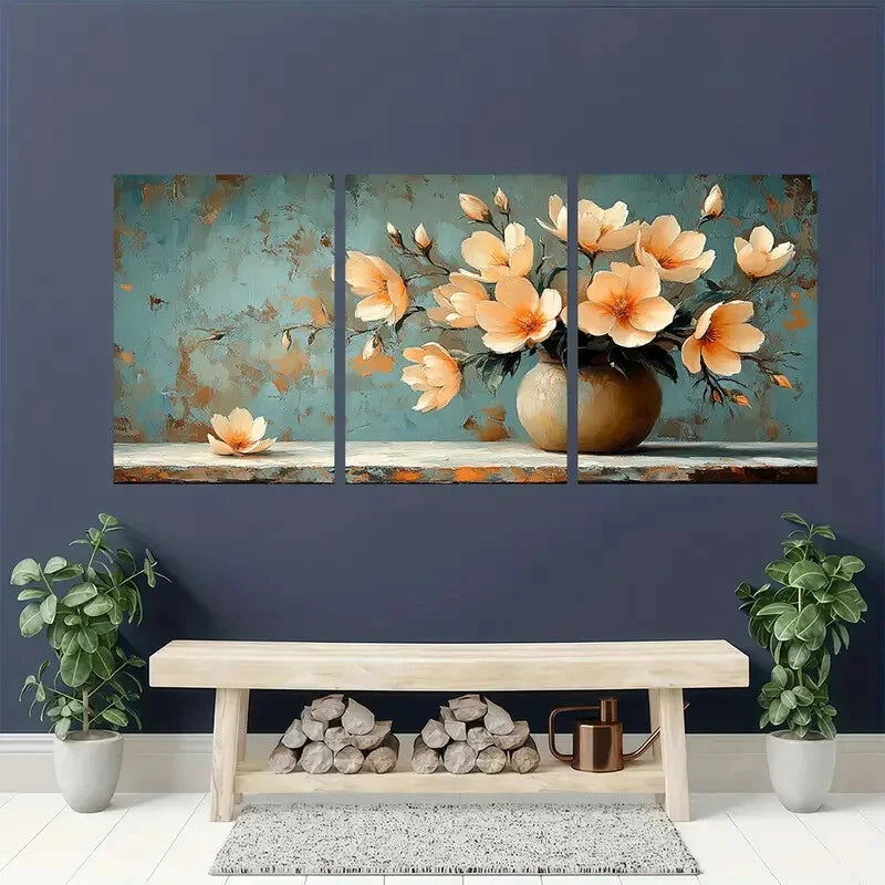 3pcs Elegant Beige Freesia Floral Serene Teal Metal Print Ready to Hang Art - Bella Home Decor