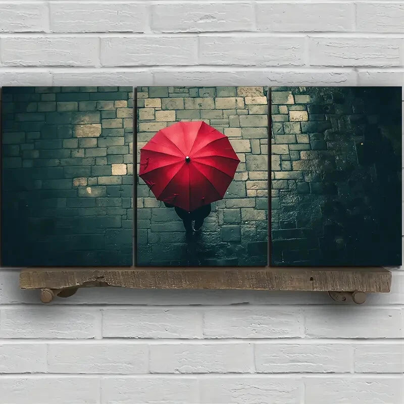 3pcs People With Red Umbrellas on Rainy Streets Metal Print Ready to Hang Art - Bella Home Decor
