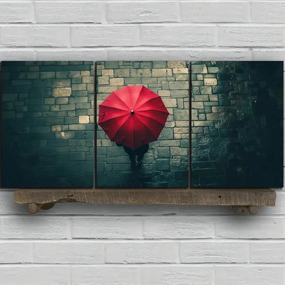 3pcs People With Red Umbrellas on Rainy Streets Metal Print Ready to Hang Art - Bella Home Decor