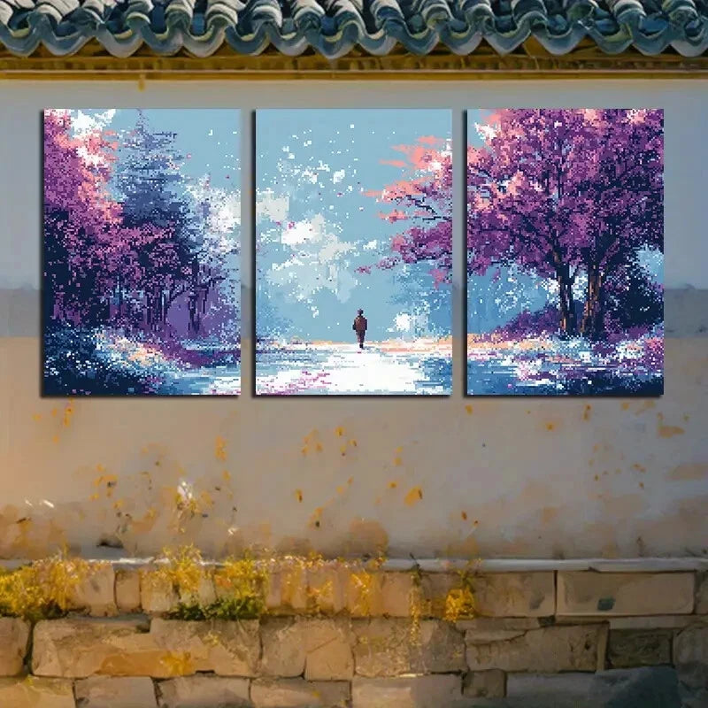 3pcs Vibrant Person in the Forest Pixel Scene Metal Print Ready to Hang Art - Bella Home Decor