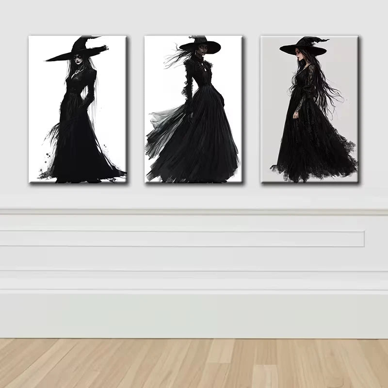 3pcs Elegant Black Witch Wall Art Set Canvas Framed 50x70cm - High Quality Print 100% Australian Made Wall Canvas Ready to Hang
