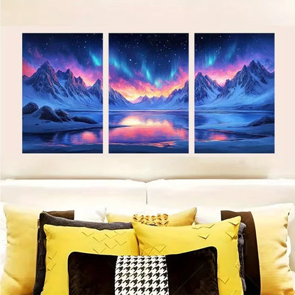 3pcs Northern Lights Over Snowy Mountains   Wall Art Set Canvas Framed 50x70cm - High Quality Print 100% Australian Made Wall Canvas Ready to Hang