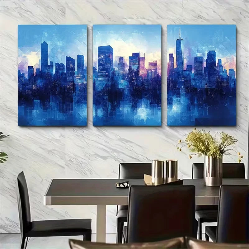 3pcs Blue Geometric Cityscape Metal Print Ready to Hang Art - Bella Home Decor