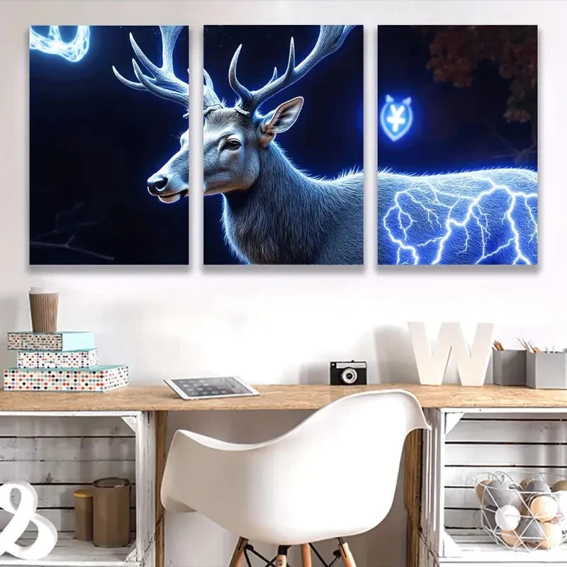 3pcs Blue Deer Mystical Canvas Poster  Wall Art Set Canvas Framed 50x70cm - High Quality Print 100% Australian Made Wall Canvas Ready to Hang - Bella Home Decor
