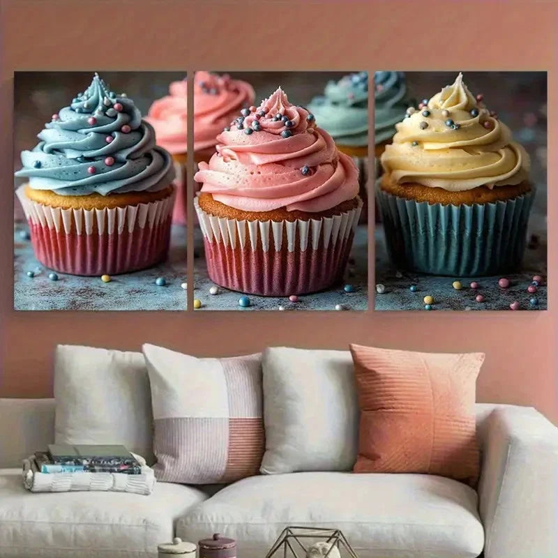 3pcs Vibrant Cupcake Food Bakery Metal Print Ready to Hang Art - Bella Home Decor
