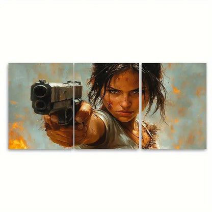 3pcs Strong Woman Fighter with Gun Destroyed Wall Art Set Canvas Framed 50x70cm - High Quality Print 100% Australian Made Wall Canvas Ready to Hang
