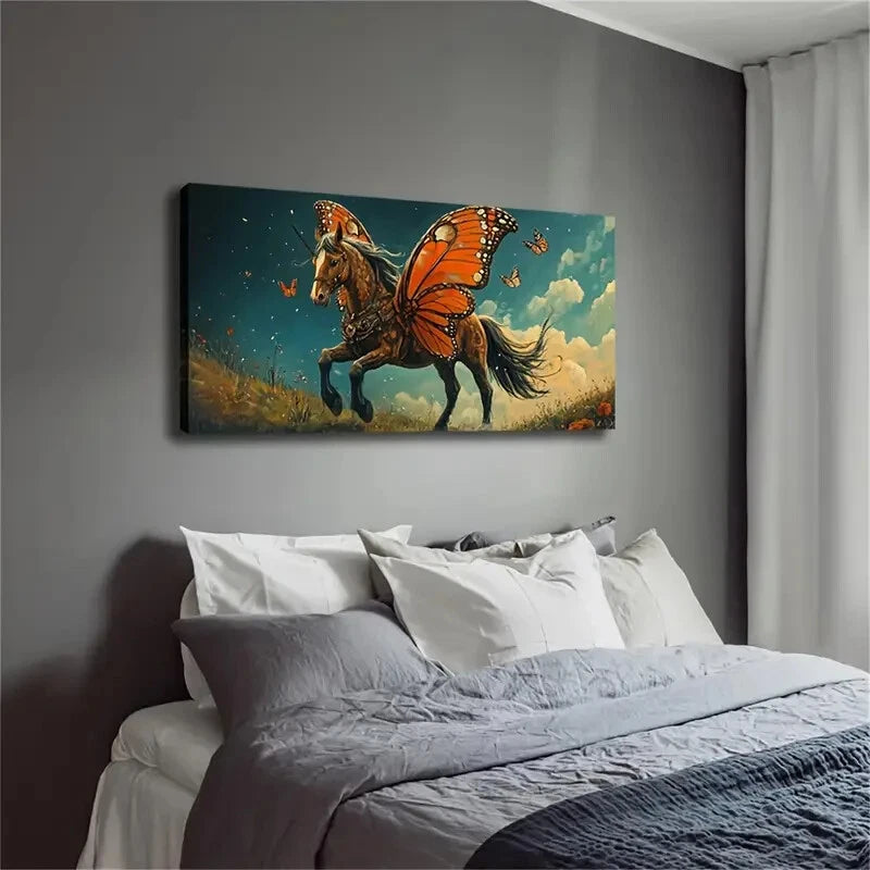 Mythical Unicorn Butterfly Wall Art Canvas Office Home Room Framed 120x60cm - Bella Home Decor