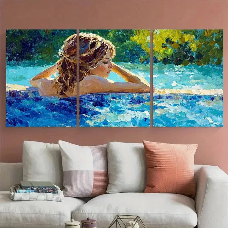 3pcs Woman by Pool Relaxing Summer Tranquility Wall Art Set Canvas Framed 40x60cm - High Quality Print 100% Australian Made Wall Canvas Ready to Hang