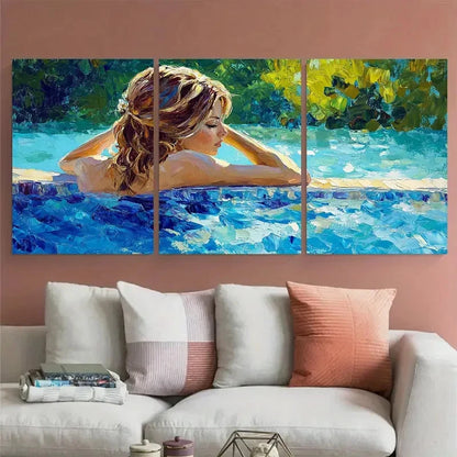 3pcs Woman by Pool Relaxing Summer Tranquility Wall Art Set Canvas Framed 40x60cm - High Quality Print 100% Australian Made Wall Canvas Ready to Hang