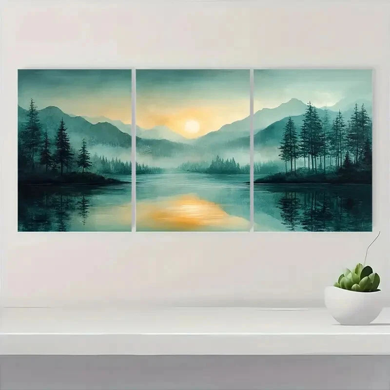 3pcs Mountain Green Pastel Abstract Landscape Metal Print Ready to Hang Art - Bella Home Decor