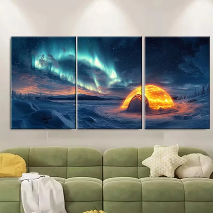 3pcs Northern Lights Over Snowy Landscape Metal Print Ready to Hang Art