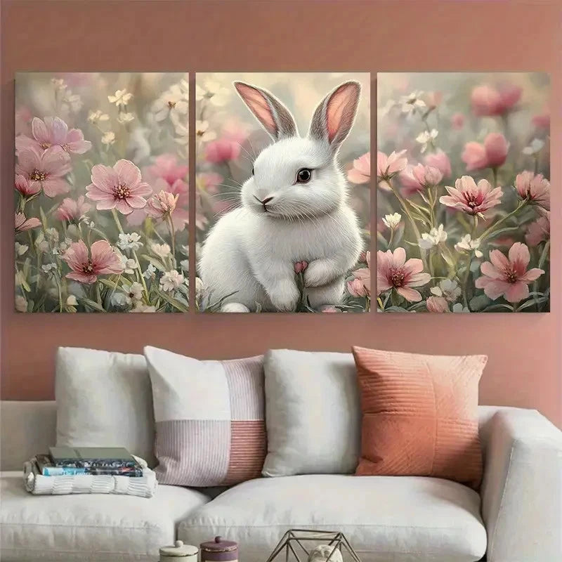 3pcs Charming White Bunny Spring Floral Design Metal Print Ready to Hang Art - Bella Home Decor