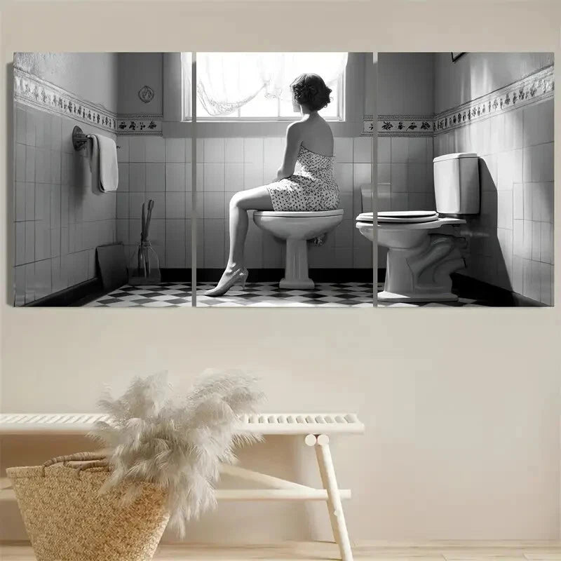 3pcs Black and White Funny Woman Bathroom Metal Print Ready to Hang Art - Bella Home Decor